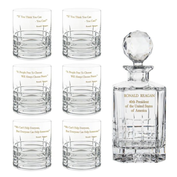 Ronald Reagan Presidency Decanter Whiskey Glasses Gilded Set 7pcs Crystallo